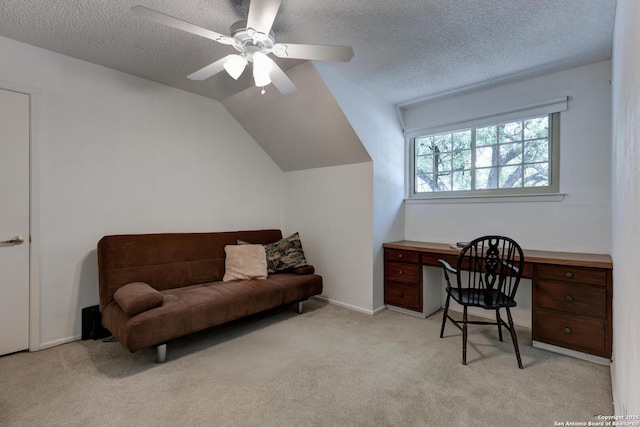 5810 Windvale, Windcrest, TX 78239 - office area with light carpet, a textured ceiling, a ceiling fan, and lofted ceiling