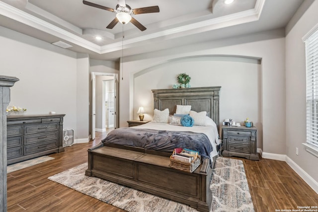 2319 Cascada, Spring Branch, TX 78070 - bedroom with a raised ceiling, baseboards, wood finished floors, recessed lighting, and ornamental molding