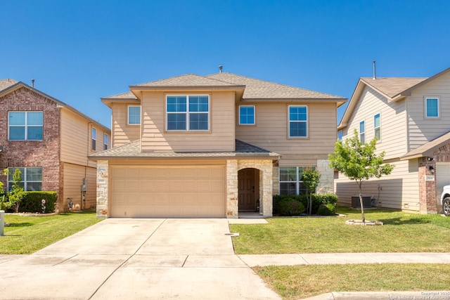 160 Jolie, Boerne, TX 78015 - traditional-style house featuring roof with shingles, stone siding, an attached garage, and a front lawn