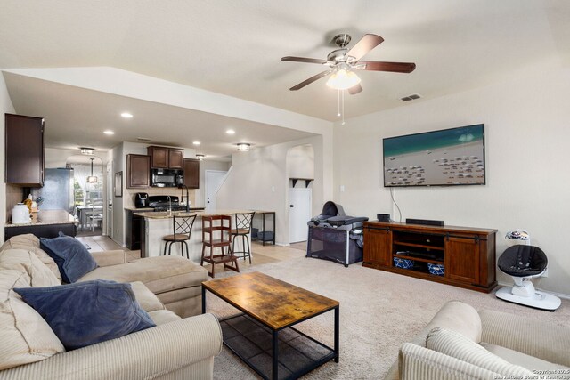 160 Jolie, Boerne, TX 78015 - living room with ceiling fan, recessed lighting, and light carpet