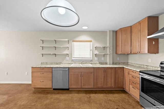 764 Zuehl Xing, La Vernia, TX 78121 - kitchen featuring stainless steel appliances, open shelves, a sink, and brown cabinets