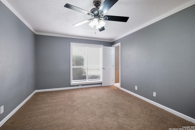 3243 Nacogdoches Rd Unit 501, San Antonio, TX 78217 - spare room featuring ceiling fan, a textured ceiling, carpet, baseboards, and ornamental molding