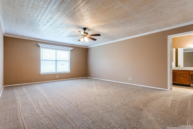 4231 Misty Glade, San Antonio, TX 78247 - spare room featuring ornamental molding, ceiling fan, baseboards, light carpet, and wooden ceiling