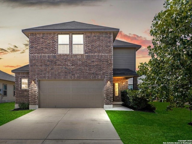 140 Whitetail Pass, San Antonio, TX 78253 - traditional home with brick siding, concrete driveway, a lawn, and an attached garage