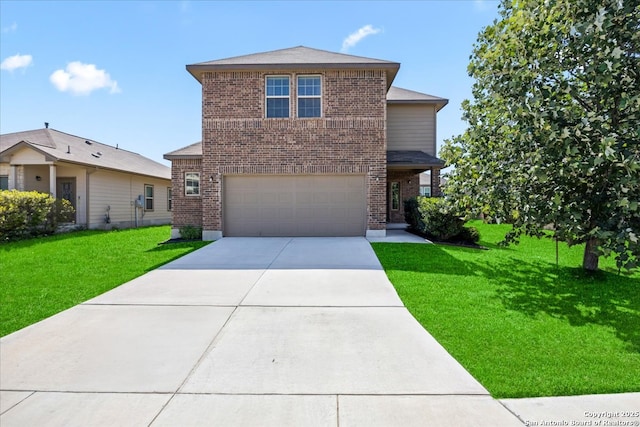 140 Whitetail Pass, San Antonio, TX 78253 - traditional-style home featuring brick siding, a front lawn, an attached garage, and concrete driveway