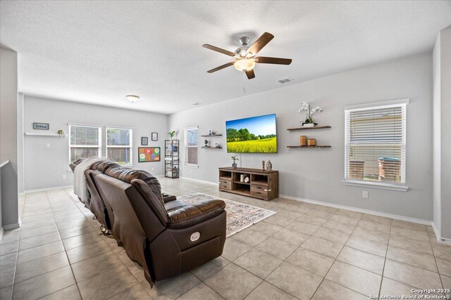 140 Whitetail Pass, San Antonio, TX 78253 - living room with a ceiling fan, tile patterned flooring, baseboards, and a textured ceiling