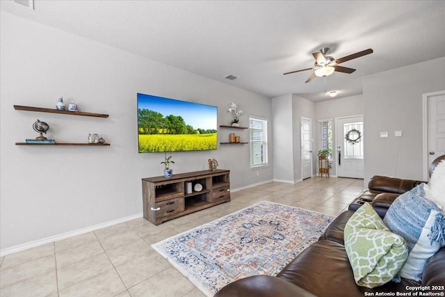 140 Whitetail Pass, San Antonio, TX 78253 - living room with a ceiling fan, tile patterned flooring, and baseboards