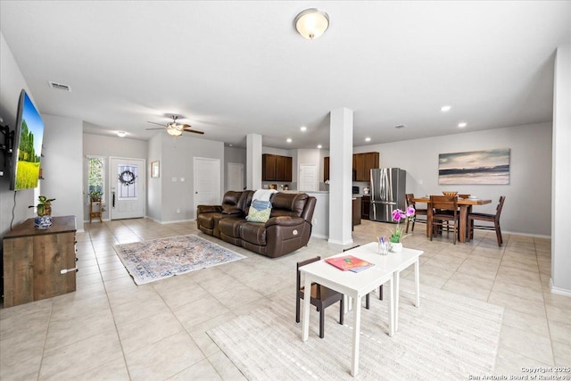 140 Whitetail Pass, San Antonio, TX 78253 - living room with light tile patterned floors, ceiling fan, recessed lighting, and baseboards