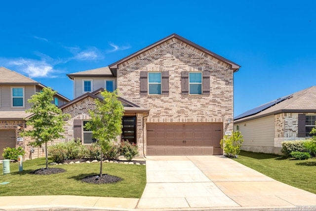 10227 Amaryllis, Boerne, TX 78006 - traditional-style home featuring a garage, concrete driveway, a front lawn, and brick siding