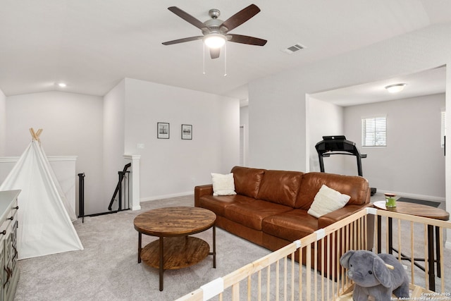 10227 Amaryllis, Boerne, TX 78006 - living area with a ceiling fan, light carpet, and baseboards