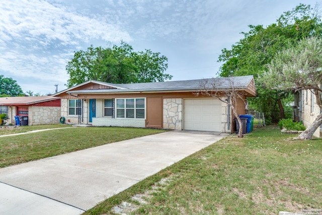 466 Shannon Lee, San Antonio, TX 78216 - ranch-style house with a garage, concrete driveway, a front lawn, and stone siding