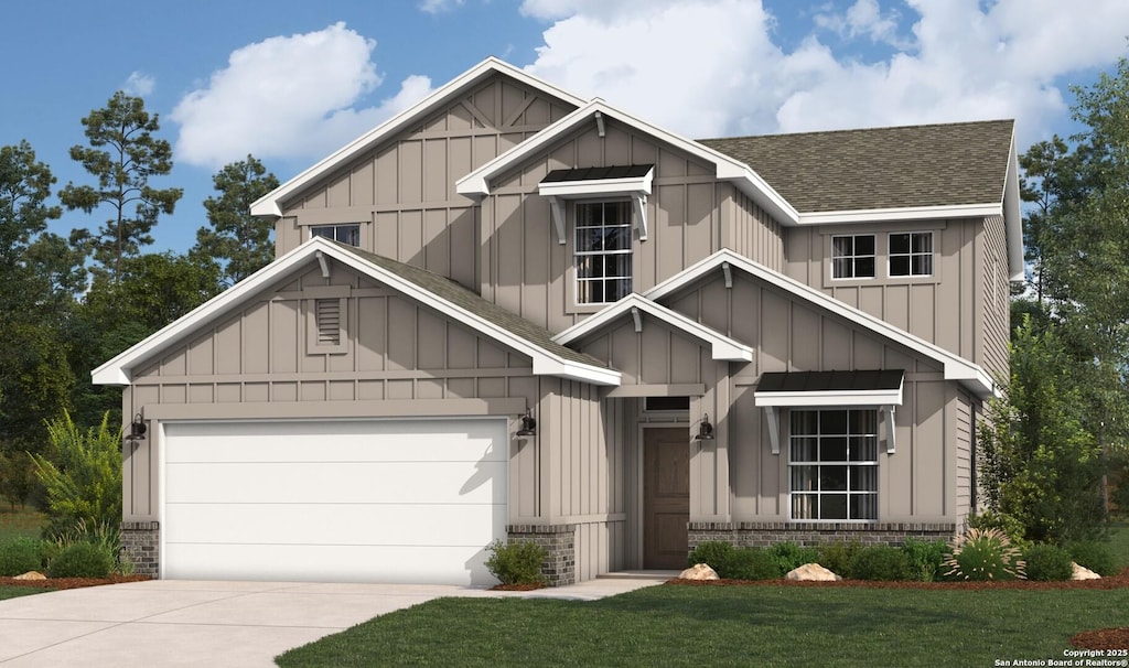 1610 La Grande Jatte, San Antonio, TX 78253 - view of front of home with a shingled roof, concrete driveway, a garage, and board and batten siding