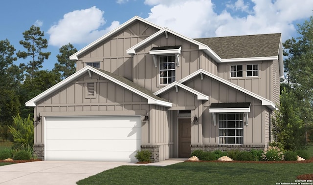 1610 La Grande Jatte, San Antonio, TX 78253 - view of front of home with a shingled roof, concrete driveway, a garage, and board and batten siding