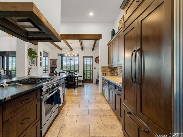 21214 W Tejas Trl, San Antonio, TX 78257 - kitchen featuring high end appliances, beamed ceiling, backsplash, healthy amount of natural light, and recessed lighting