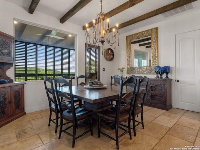 21214 W Tejas Trl, San Antonio, TX 78257 - dining room with stone tile floors, beam ceiling, a chandelier, and baseboards