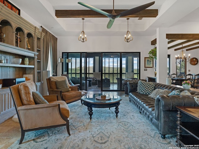 21214 W Tejas Trl, San Antonio, TX 78257 - living area with a chandelier, beamed ceiling, a ceiling fan, and built in shelves