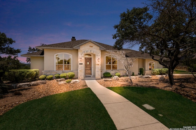 25838 Echo Mtn, San Antonio, TX 78260 - view of front of home featuring a chimney, a front yard, and stucco siding