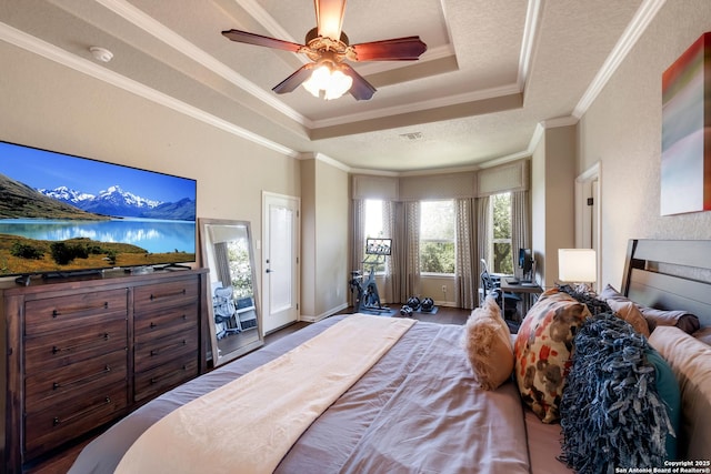 25838 Echo Mtn, San Antonio, TX 78260 - bedroom featuring a raised ceiling, access to exterior, crown molding, a ceiling fan, and wood finished floors