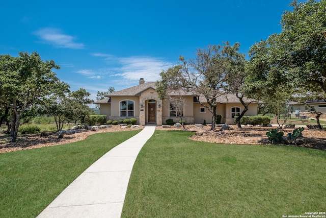 25838 Echo Mtn, San Antonio, TX 78260 - view of front facade with a chimney, stucco siding, a front yard, and stone siding
