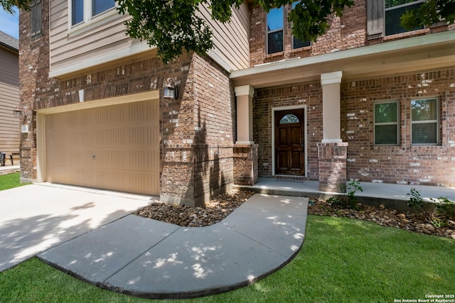 1303 Citlali Sun, San Antonio, TX 78245 - property entrance with brick siding, a garage, a porch, and concrete driveway