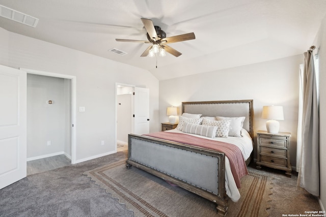31575 Meander, Bulverde, TX 78163 - bedroom featuring carpet flooring, baseboards, lofted ceiling, and ceiling fan