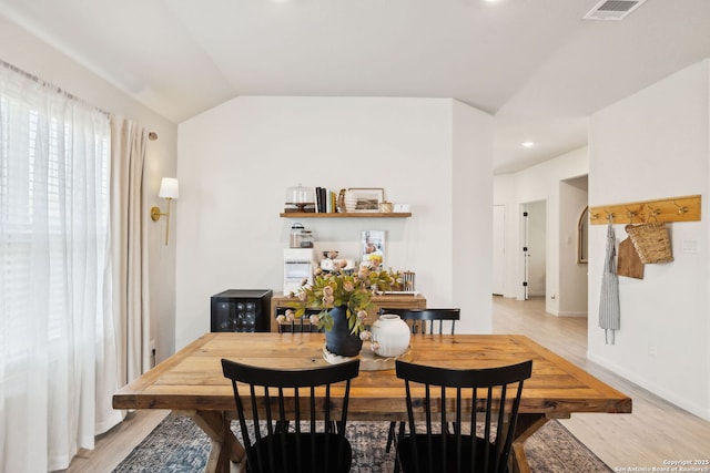 31575 Meander, Bulverde, TX 78163 - dining room with light wood-type flooring, recessed lighting, baseboards, and lofted ceiling