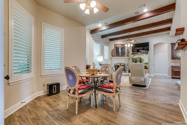 1414 W Bitters # 3, San Antonio, TX 78248 - dining area with a ceiling fan, beamed ceiling, baseboards, and wood finished floors