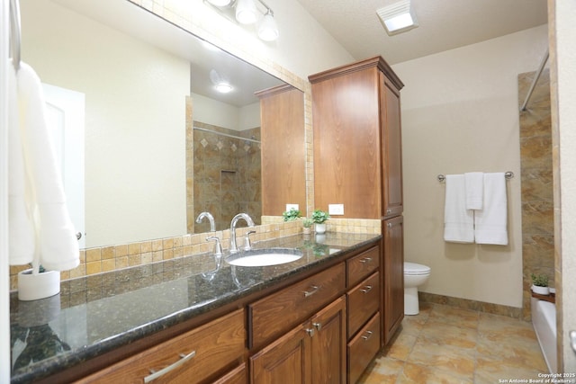 12302 Calvert, Helotes, TX 78023 - full bath with a tile shower, toilet, vanity, and baseboards
