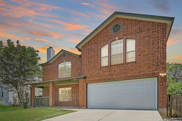 4838 Corian Spgs, San Antonio, TX 78247 - traditional-style house with brick siding, driveway, a chimney, and fence