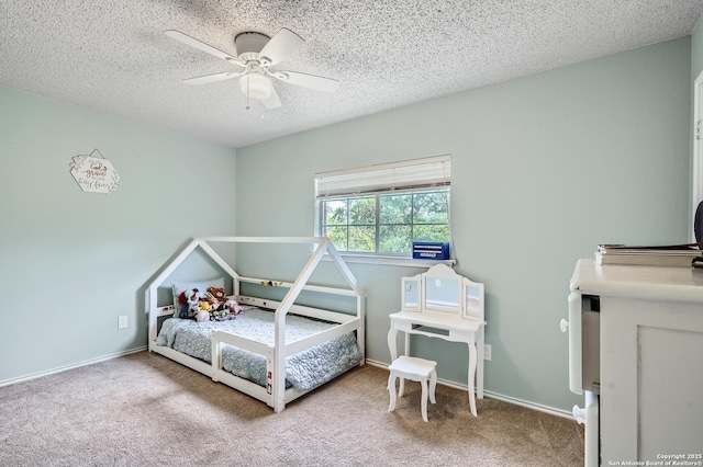 4838 Corian Spgs, San Antonio, TX 78247 - bedroom with carpet floors, a textured ceiling, a ceiling fan, and baseboards