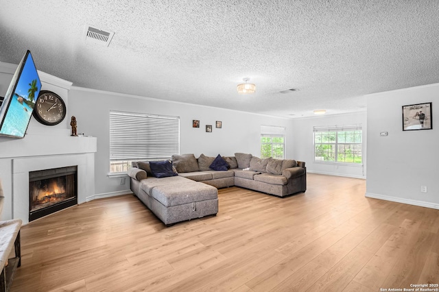 4838 Corian Spgs, San Antonio, TX 78247 - living room featuring a textured ceiling, a lit fireplace, wood finished floors, baseboards, and crown molding