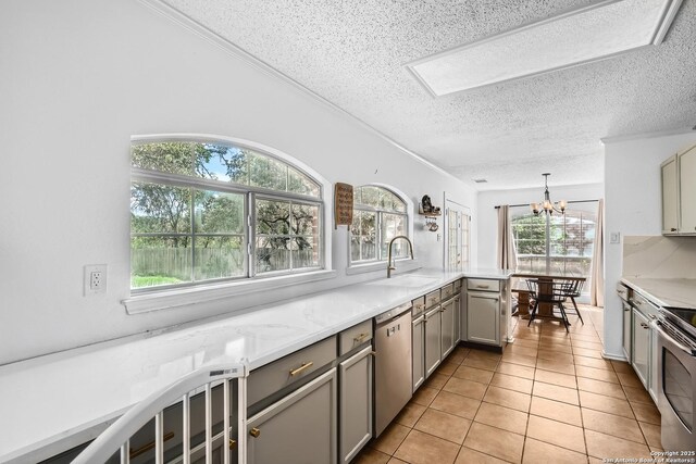 4838 Corian Spgs, San Antonio, TX 78247 - kitchen with gray cabinets, stainless steel appliances, a chandelier, a textured ceiling, and a sink