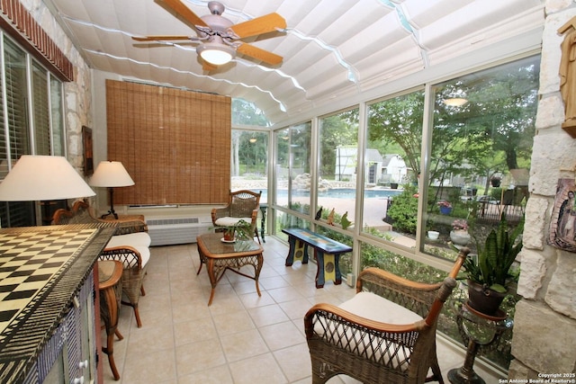 10020 Autumn Wood, Spring Branch, TX 78070 - sunroom featuring a ceiling fan and lofted ceiling