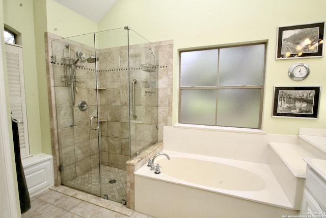10020 Autumn Wood, Spring Branch, TX 78070 - full bath with a stall shower, a garden tub, lofted ceiling, vanity, and tile patterned floors