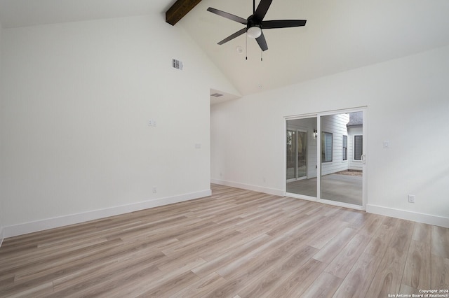 580 Compass Rose, Canyon Lake, TX 78133 - spare room with a ceiling fan, beam ceiling, light wood-style floors, high vaulted ceiling, and baseboards