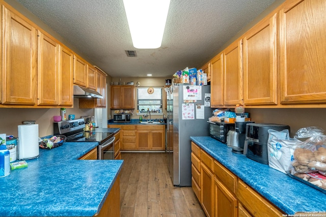 8013 County Road 128, Floresville, TX 78114 - kitchen featuring stainless steel appliances, under cabinet range hood, a textured ceiling, a sink, and light wood finished floors
