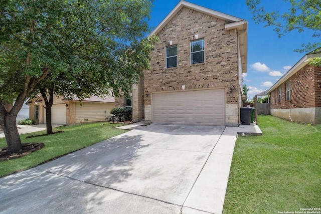 7326 Concerto Dr, San Antonio, TX 78266 - view of front of home featuring brick siding, driveway, a garage, and a front yard
