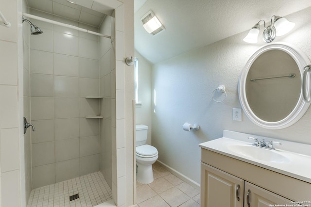 1588 Winding Crk, Spring Branch, TX 78070 - full bathroom featuring tile patterned flooring, toilet, a shower stall, vanity, and lofted ceiling