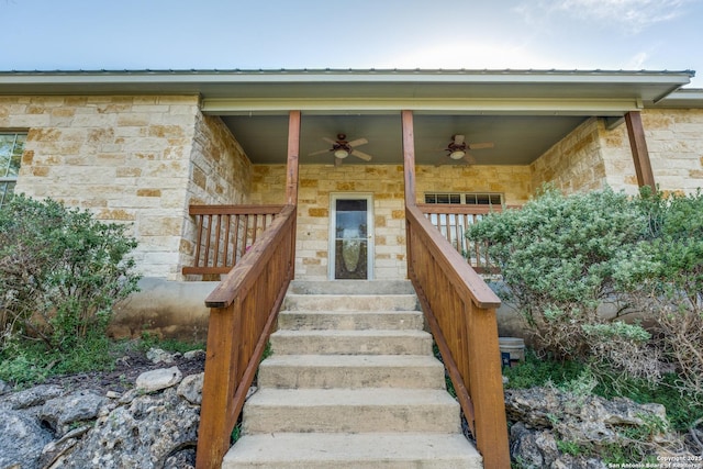1588 Winding Crk, Spring Branch, TX 78070 - doorway to property with ceiling fan and stone siding