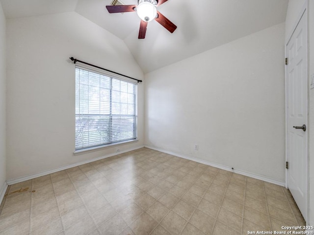 9411 Camino Venado, Helotes, TX 78023 - unfurnished room featuring lofted ceiling, a ceiling fan, and baseboards