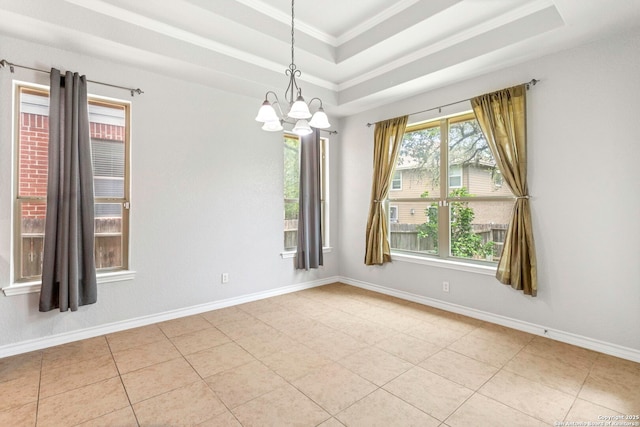 3526 Arroyo Grande, San Antonio, TX 78253 - unfurnished room with a chandelier, light tile patterned floors, a tray ceiling, crown molding, and baseboards