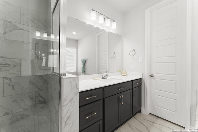 63 Ricadonna, San Antonio, TX 78253 - bathroom featuring a marble finish shower, marble look tiles, and vanity