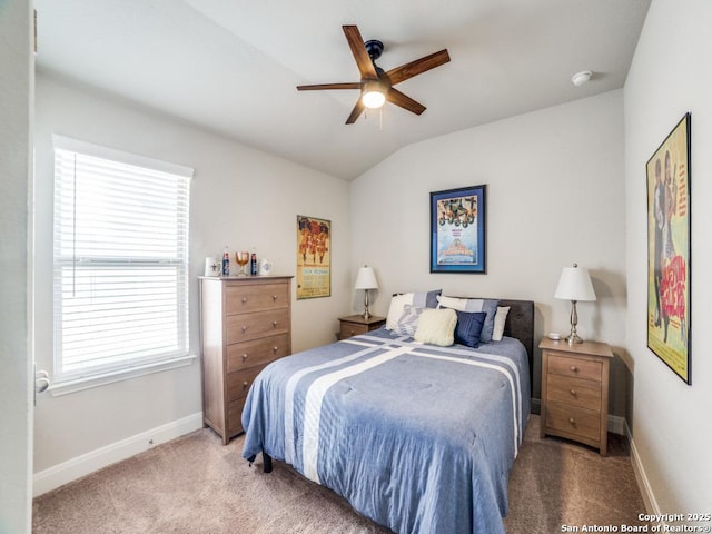 3075 Mondavi Crst, Schertz, TX 78154 - bedroom featuring baseboards, carpet flooring, vaulted ceiling, and ceiling fan
