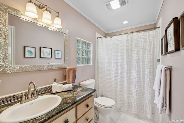 261 Fair Oaks, Alamo Heights, TX 78209 - bathroom with crown molding, toilet, vanity, and backsplash