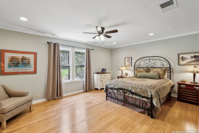 261 Fair Oaks, Alamo Heights, TX 78209 - bedroom with baseboards, recessed lighting, light wood-type flooring, crown molding, and a ceiling fan