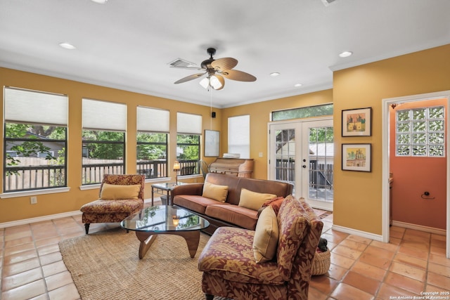 261 Fair Oaks, Alamo Heights, TX 78209 - living room featuring french doors, ceiling fan, baseboards, recessed lighting, and crown molding