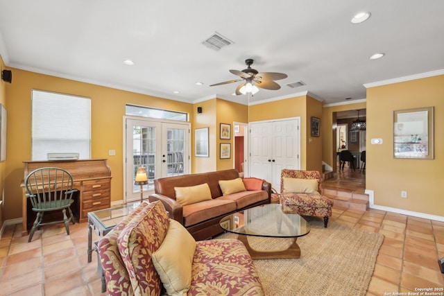 261 Fair Oaks, Alamo Heights, TX 78209 - living room featuring french doors, a ceiling fan, baseboards, recessed lighting, and ornamental molding