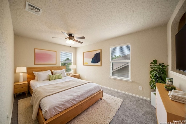 10438 Sun Ml, San Antonio, TX 78254 - bedroom featuring multiple windows, a textured wall, carpet flooring, a textured ceiling, and a ceiling fan