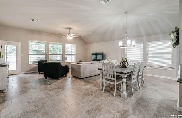 25725 Two Spgs, San Antonio, TX 78255 - dining space featuring baseboards, a chandelier, ceiling fan, vaulted ceiling, and light stone finish floors