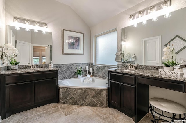 25725 Two Spgs, San Antonio, TX 78255 - bathroom with a garden tub, lofted ceiling, and two vanities